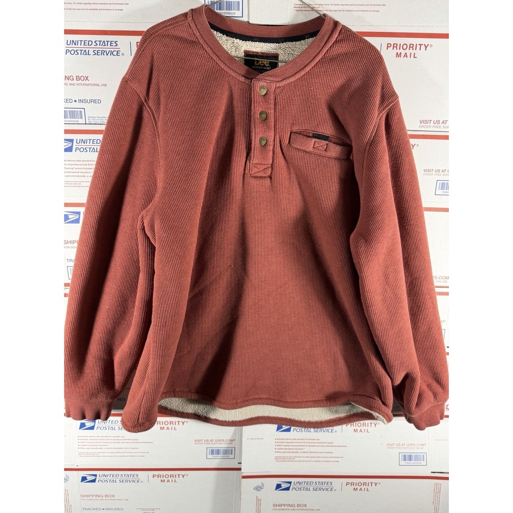 Lee Men's‎ Rust Sherpa Lined Thermal Henley Sweater XL Heavy Weight Pullover